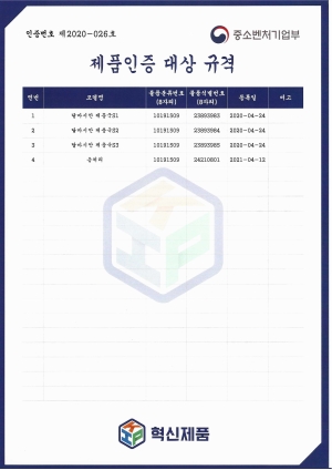 중소벤처기업부 - 혁신제품 제품인증 대상 규격